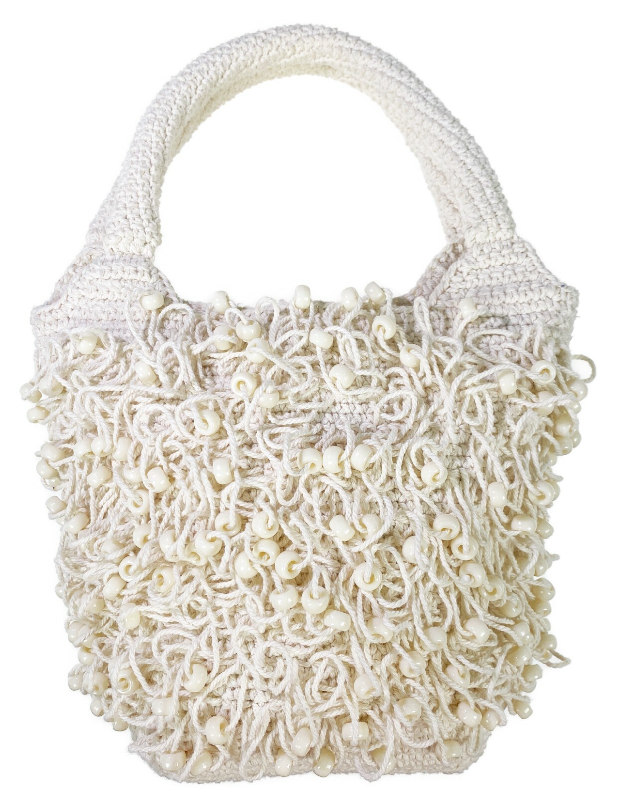 Crochet Ivory Natural Cotton Plastic Beads Small Purse Bag Zip Top