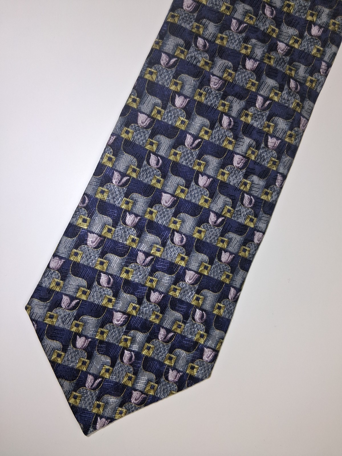 Ermenegildo Zegna Tie Blue Geometric Pattern 100% Silk Necktie