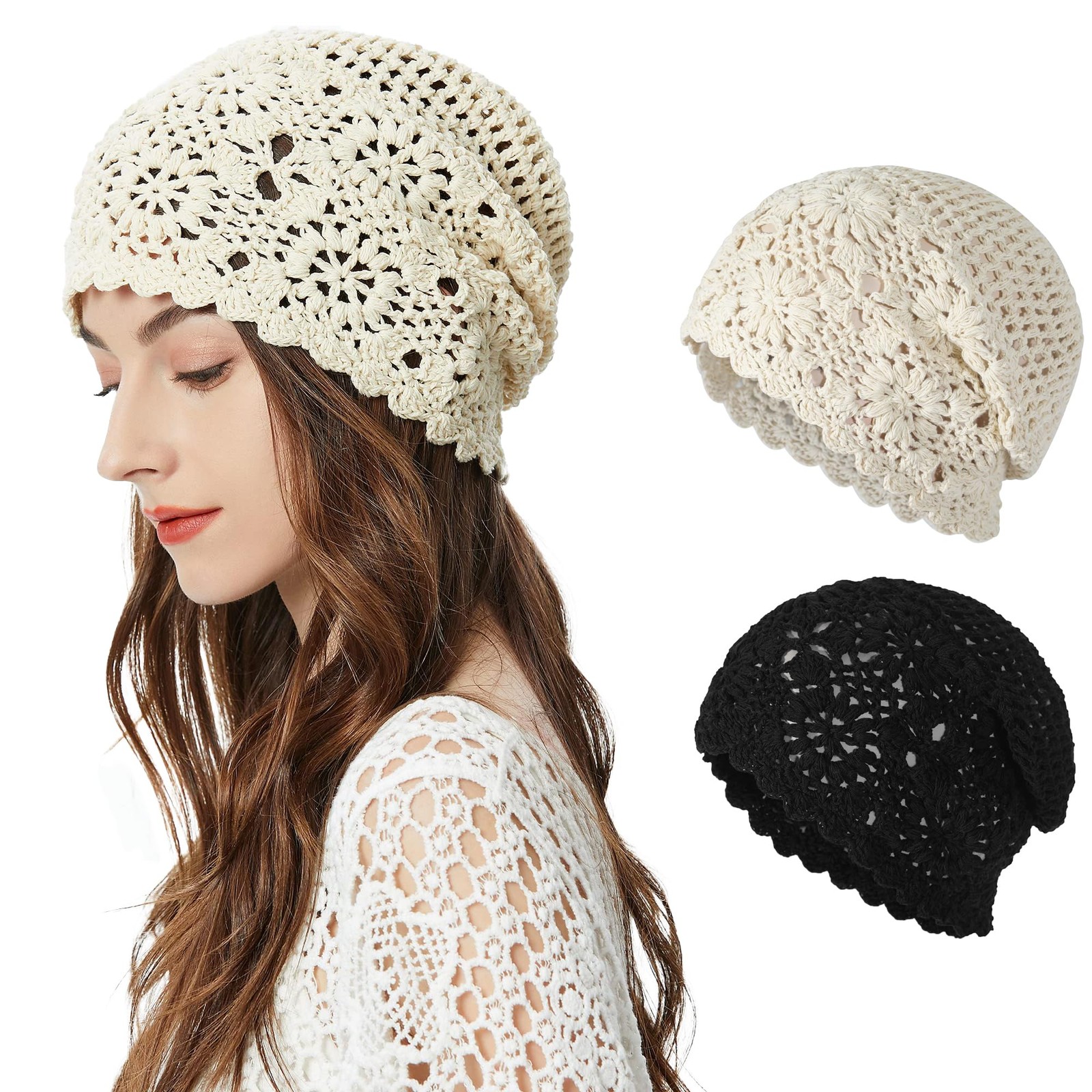 ZLYC Women Cotton Crochet Slouchy Beanie Hat 54-56cm/ 21-22 inch, Black