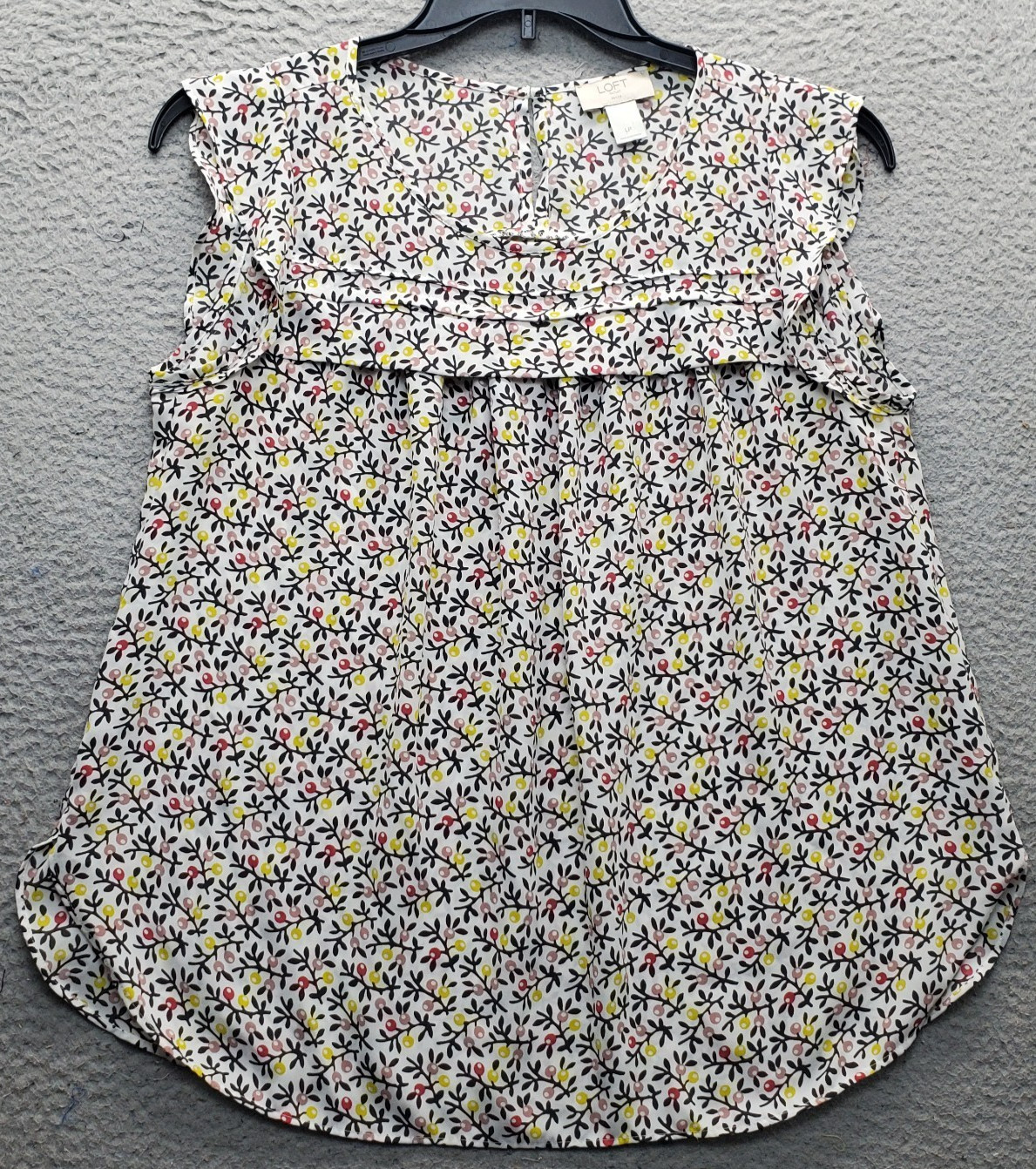 LOFT Outlet Blouse Top Womens PL Multicolor Garden Art Print Pintuck Detail Slit