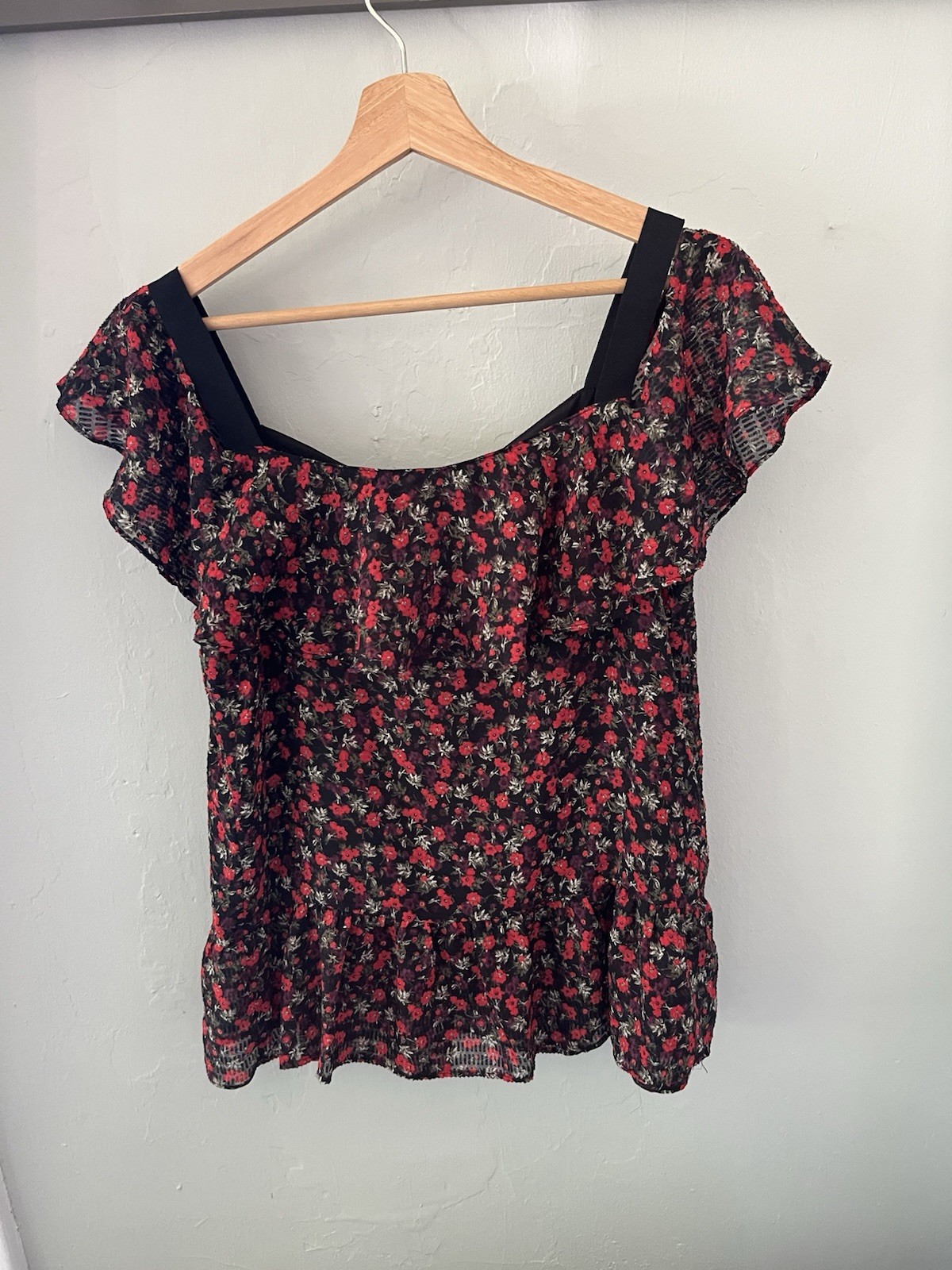 Libby Edelman Black,Red & Purple Floral Ruffled Blouse with Straps Size S