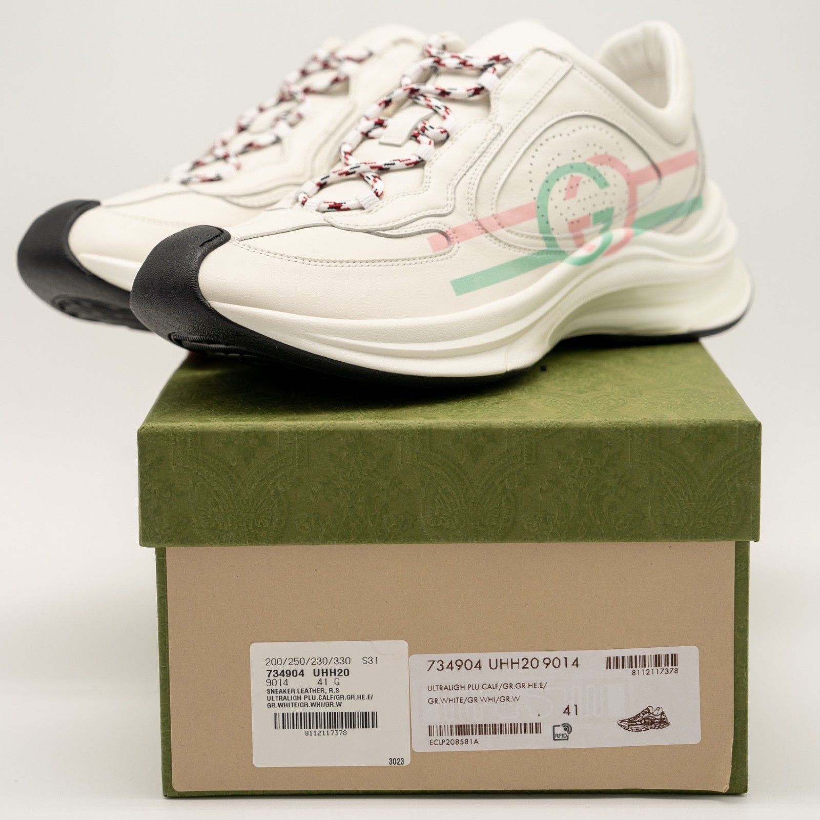 size 41eu 11 us Gucci Run Sneaker White Pink Turquoise Leather GG