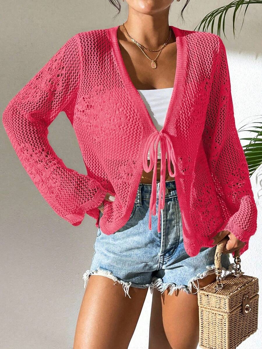 Women’s White Tie Front Cardigan Openwork Crochet Beach Cover Up Sweater