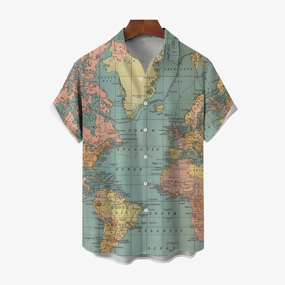 Vintage World Map Print Breathable Casual Fashion Chest Pocket Short Sleeve Shir