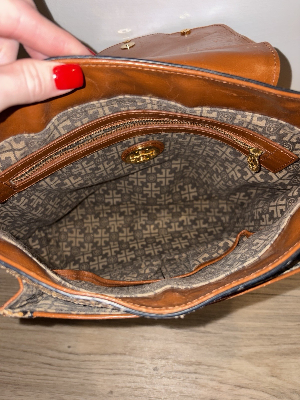 TORY BURCH COGNAC & EXOTIC LEATHER CHAINED STRAP SHOULDER HANDBAG