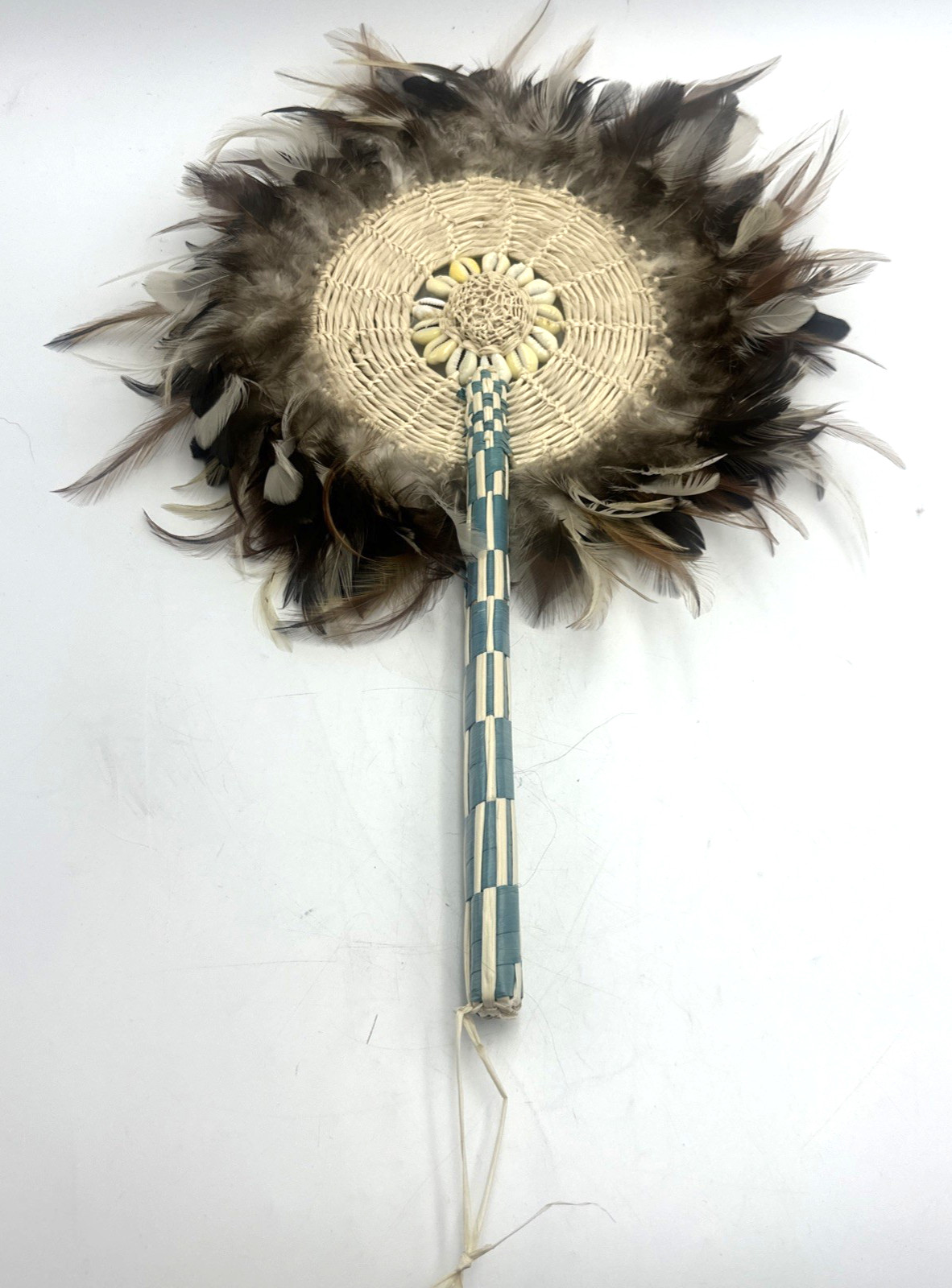 Vintage Marshall Islands Fixed Hand Fan Shells Brown Feathers Palm Fronds