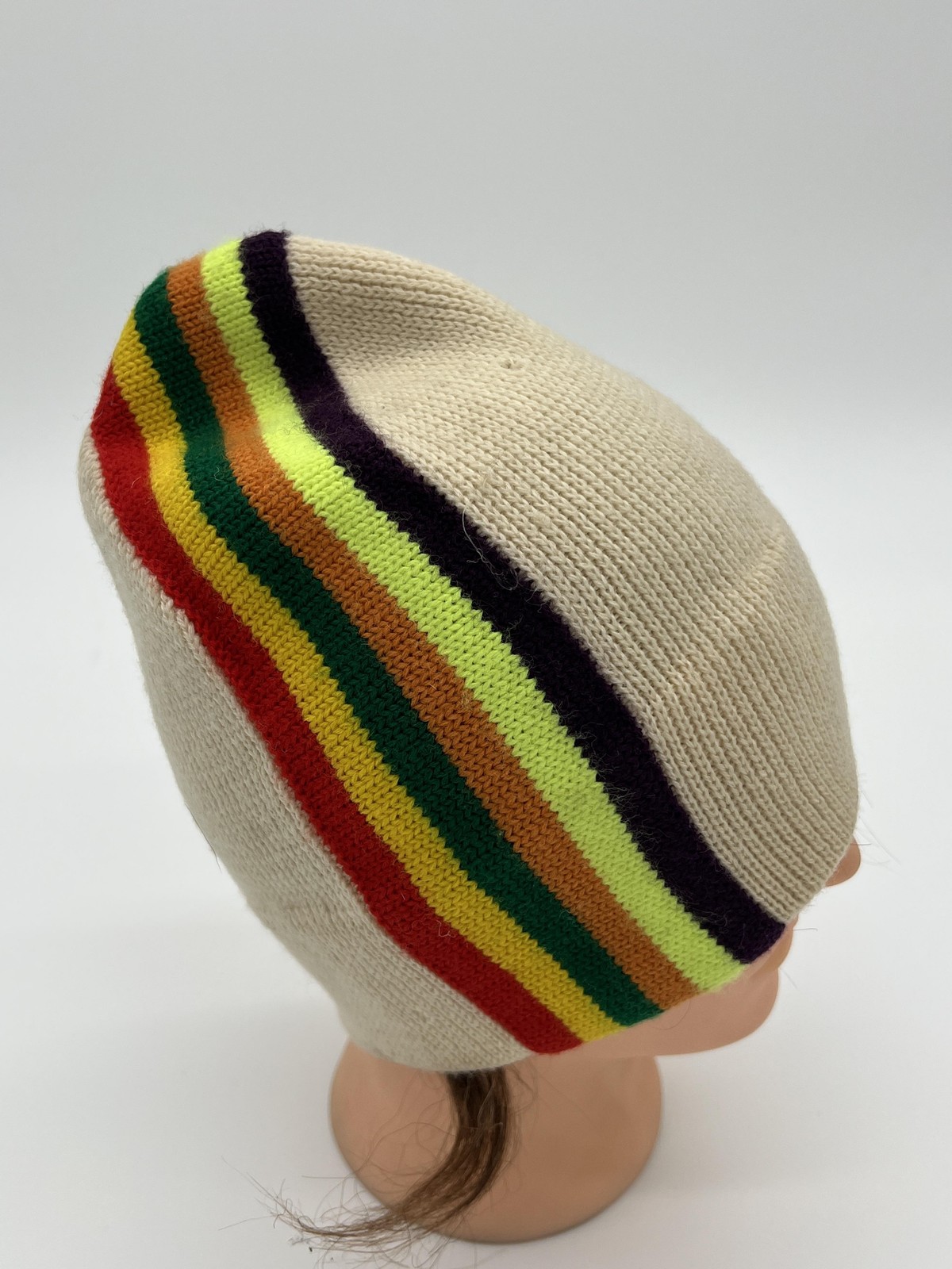 Vintage Eisbar Wool Hat Beanie Mens Beige Knit West Germany 70s 80s Ski Rainbow