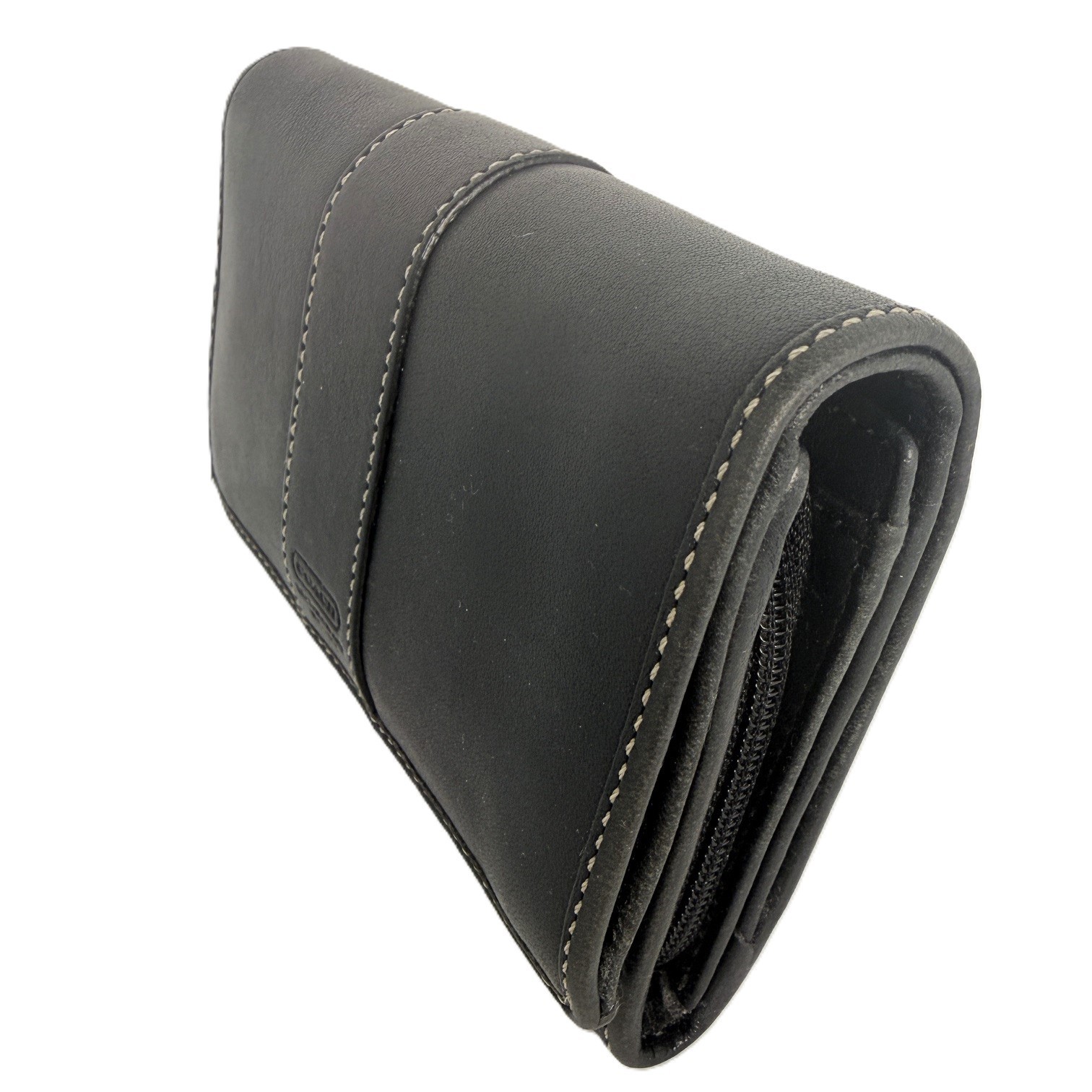 Coach Leatherware Black Leather Wallet Organizer White Stitch Zip Coin Holder