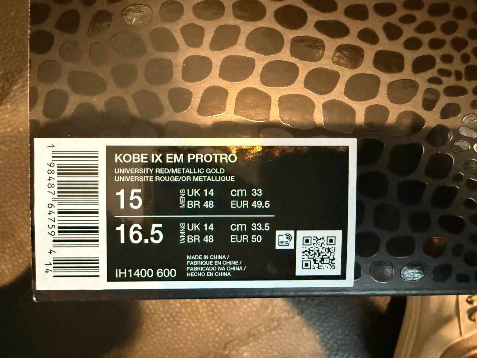 Nike Kobe IX 9 EM Protro China University Red Gold IH1400-600 sz 15 Men’s