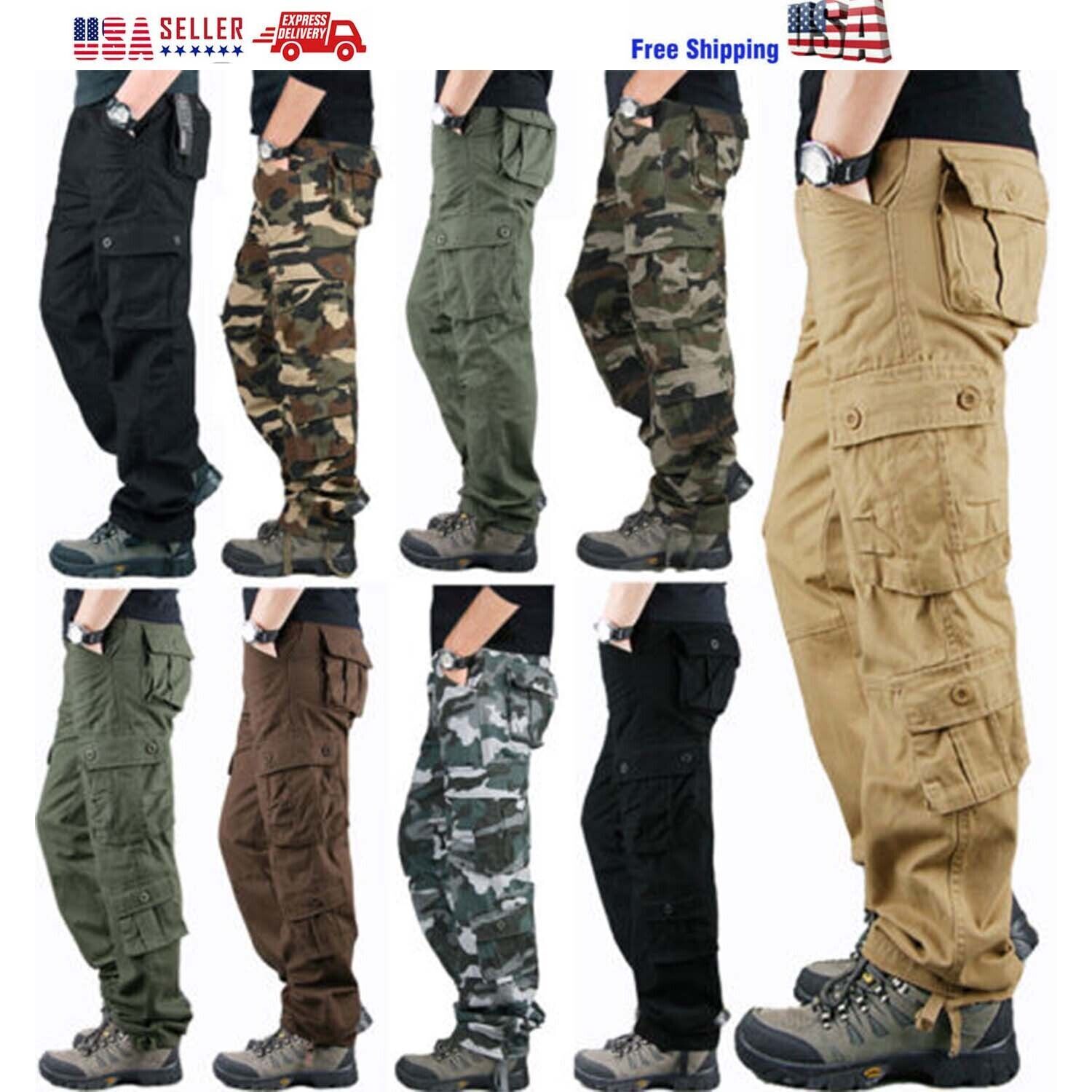 8 Pockets Men’s Cargo Pants Cotton Work Trousers Tactical Combat Outdoor Pants