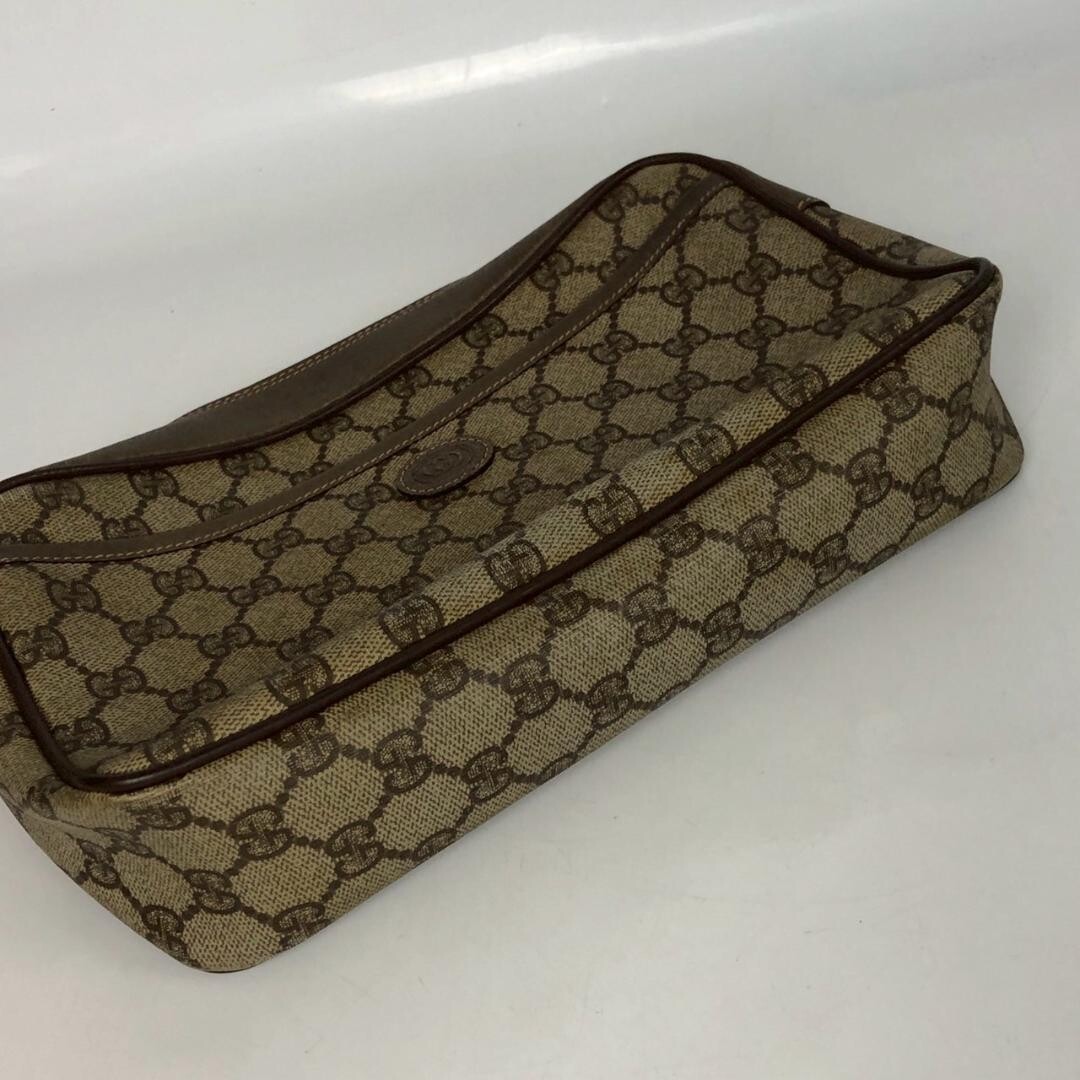 GUCCI Vintage GG Supreme Small Clutch Beige Canvas Leather Trim Wristlet Auth