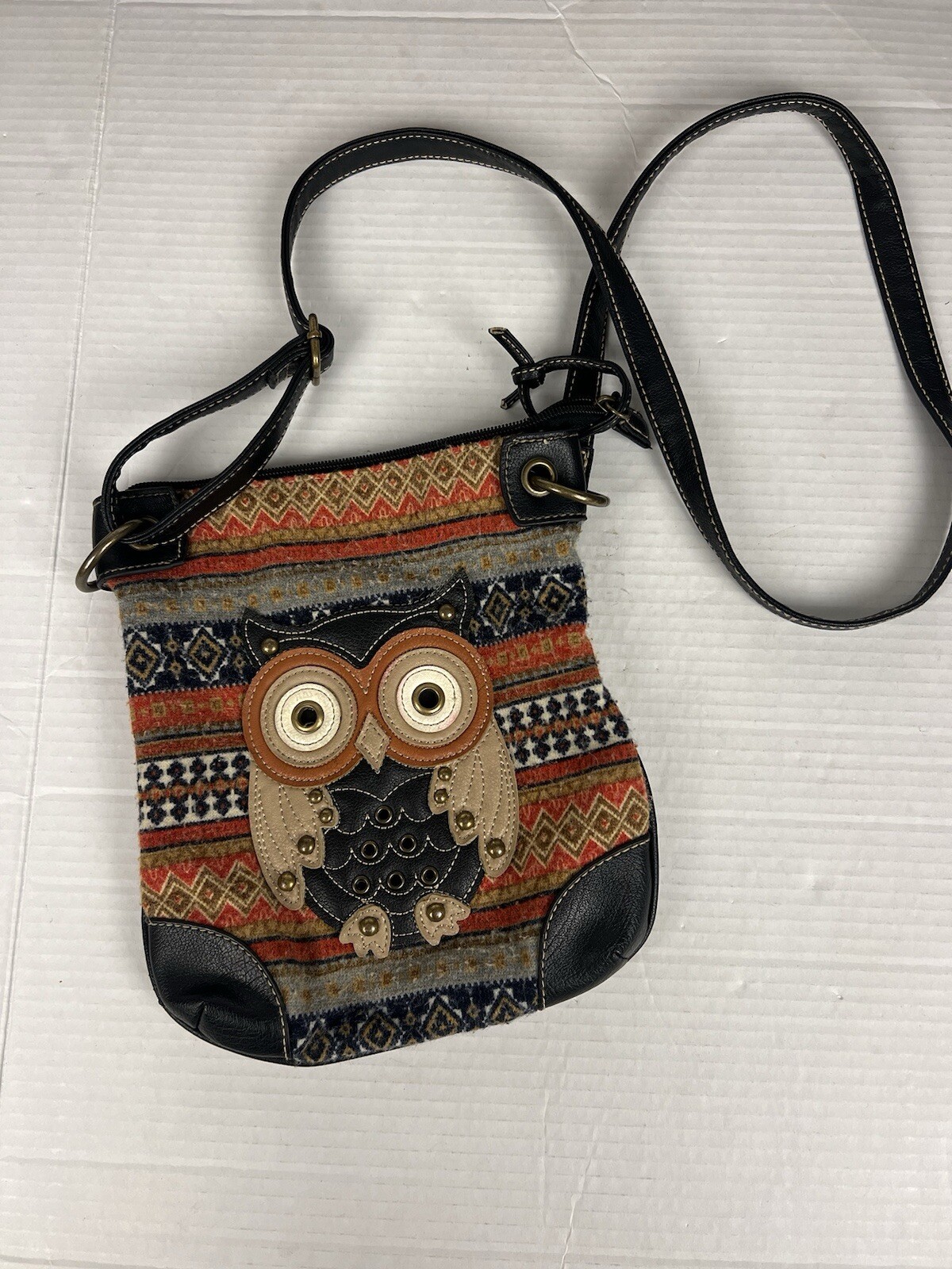Owl Purse Crossbody Aztec Shoulder Strap Flannel w/Leather Boho See Picture