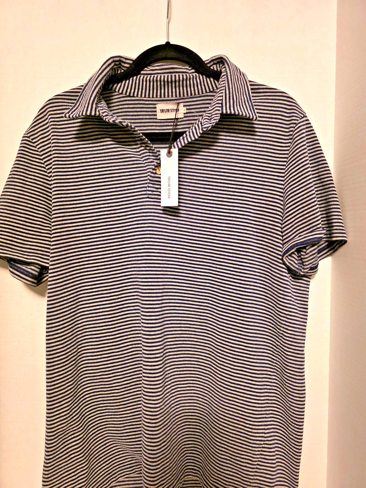 Taylor Stitch Polo Shirt Men’s Large 42 Navy White Stripe Short Sleeve NWT
