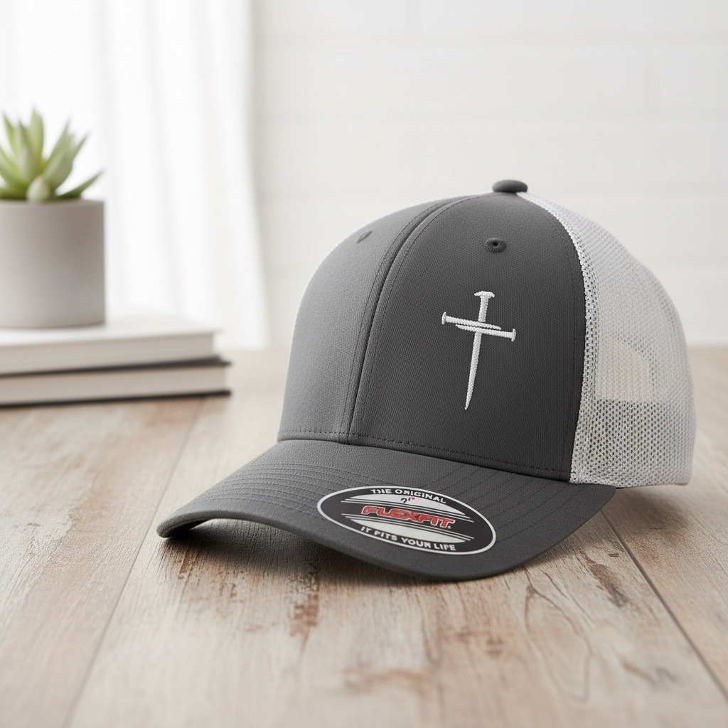 Flexfit Gray/White Mesh Back Trucker Hat Cap Cross Logo S/M New w/ Tags