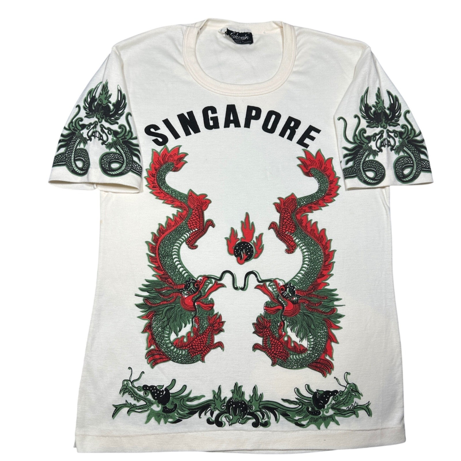 Rare Vintage 70s Singapore Dragon Graphic Shirt White Souvenir Tee Sleeve Hit