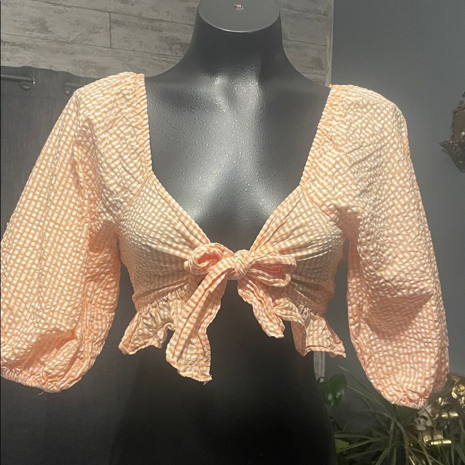 Lush Orange and White Checkered Puff Sleeve Crop Top