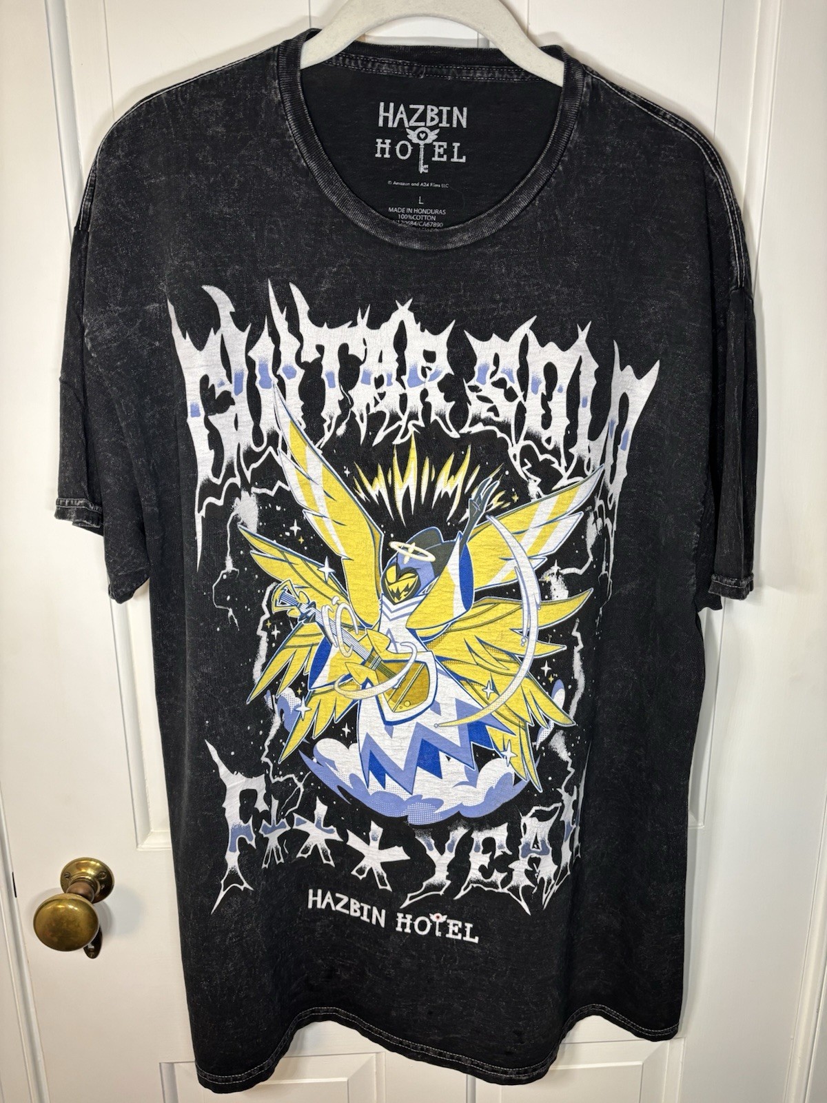 Large Hot Topic HazbinHotel Graphic Tee TShirt Adam Guitar Solo Mineral Wash