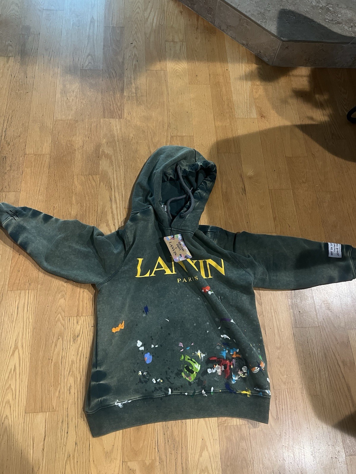 LANVIN x Gallery Dept. Paint Splatter Hoodie Green SS21 Worn Effect Pullover