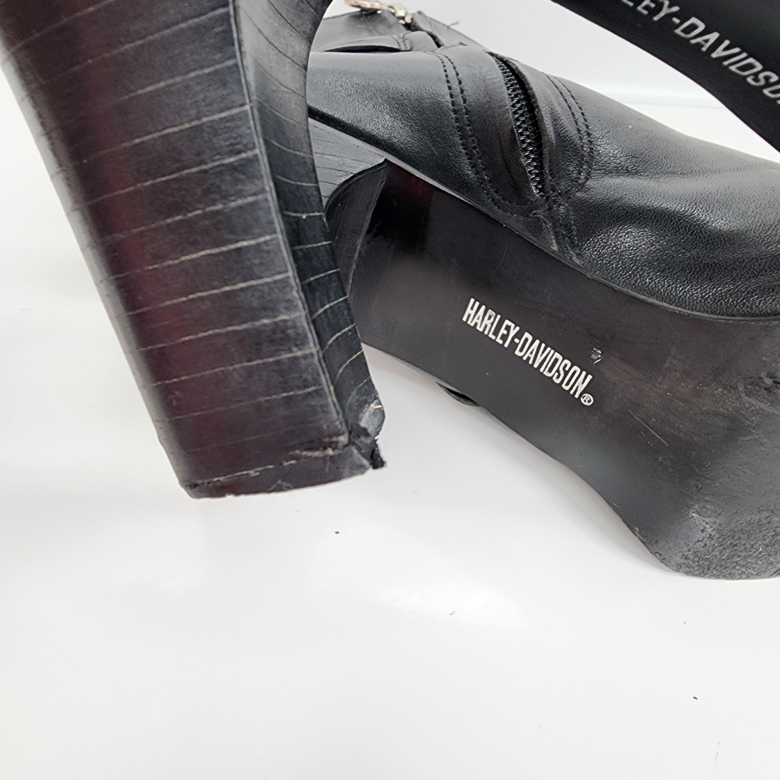Harley-Davidson Women Sz 6 Black Leather Zipper Ankle Boots 3.5″ Heeled 84333