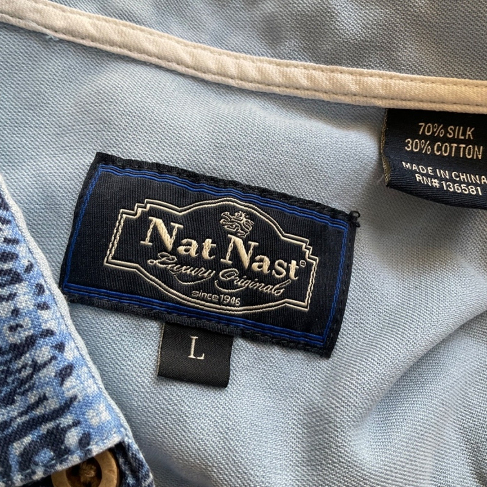 Nat Nast Button Blue 70% Silk‎ 30%Cotton Camp Shirt Sz L Hawaiian geometric