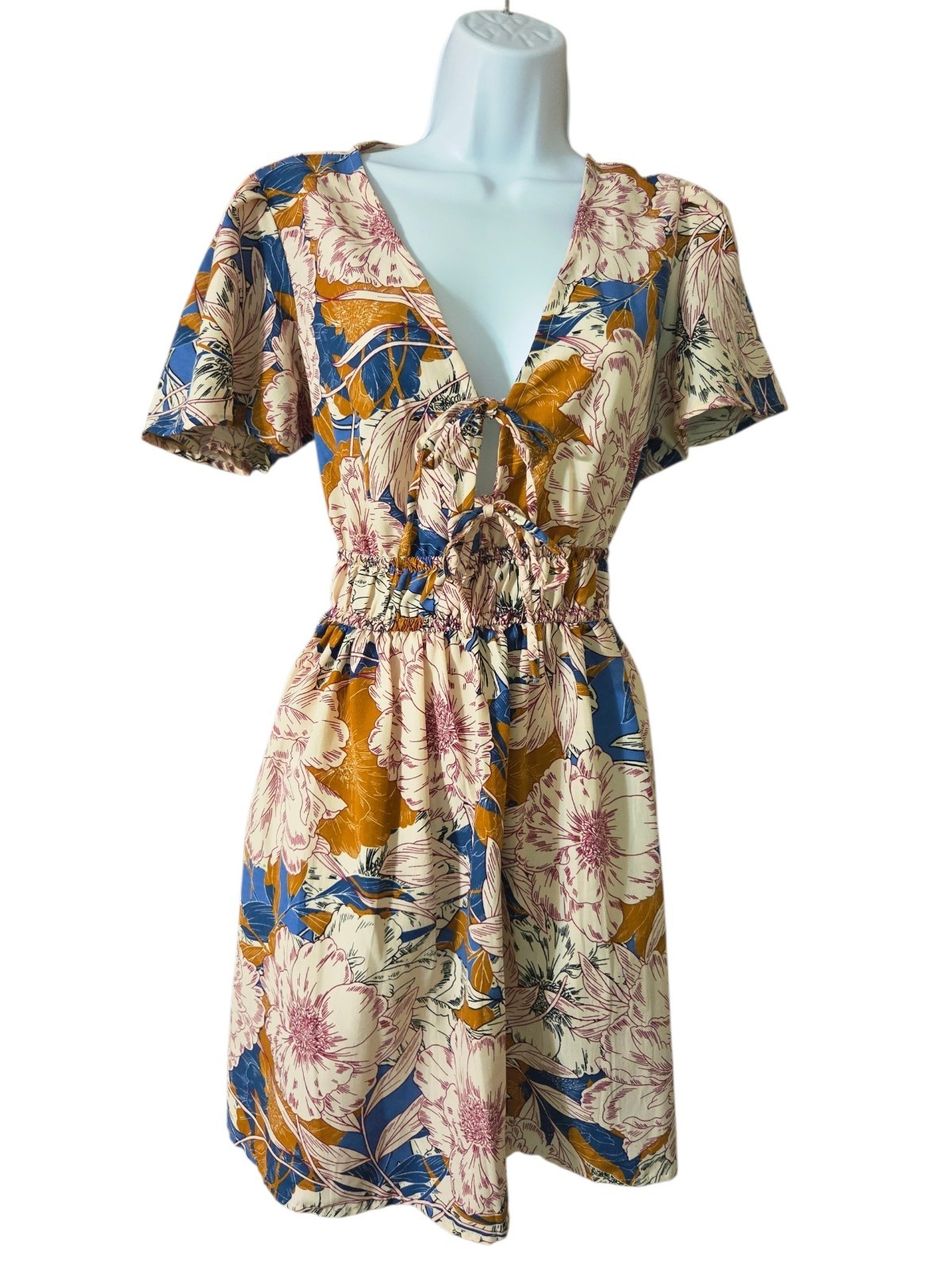 Band Of The Free Blouson Mini/Knee Length Floral Multicolor Short Sleeve Dress L