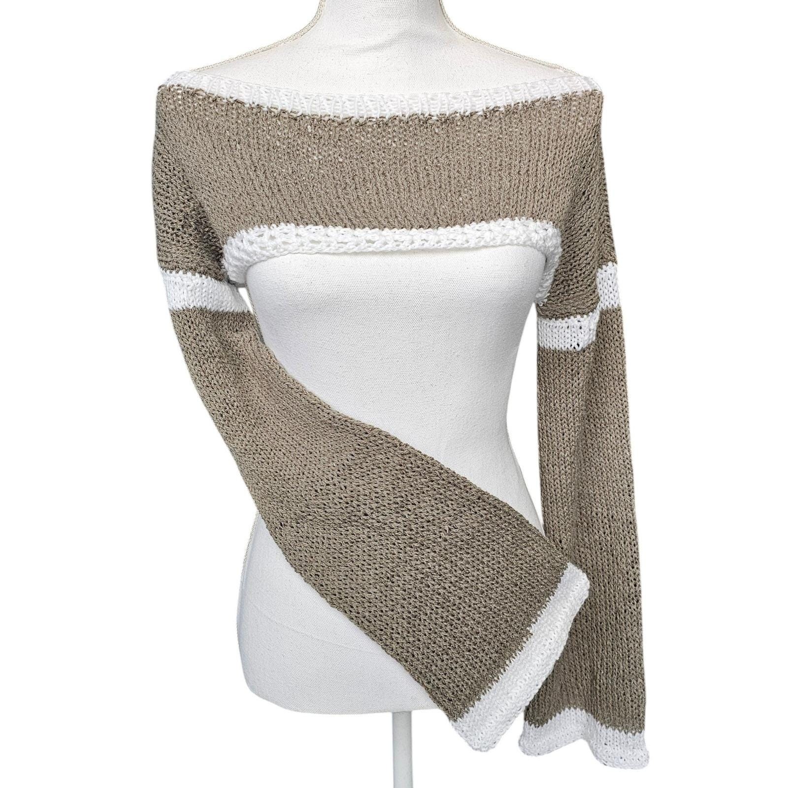 Handmade Knit Shrug | Taupe Bell Sleeve Bolero | Festival Fashion Layering Top