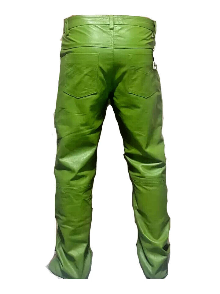 Mens Biker Jeans Real Green Or Cow Leather Sleek And Sexy 501 Style Pants New