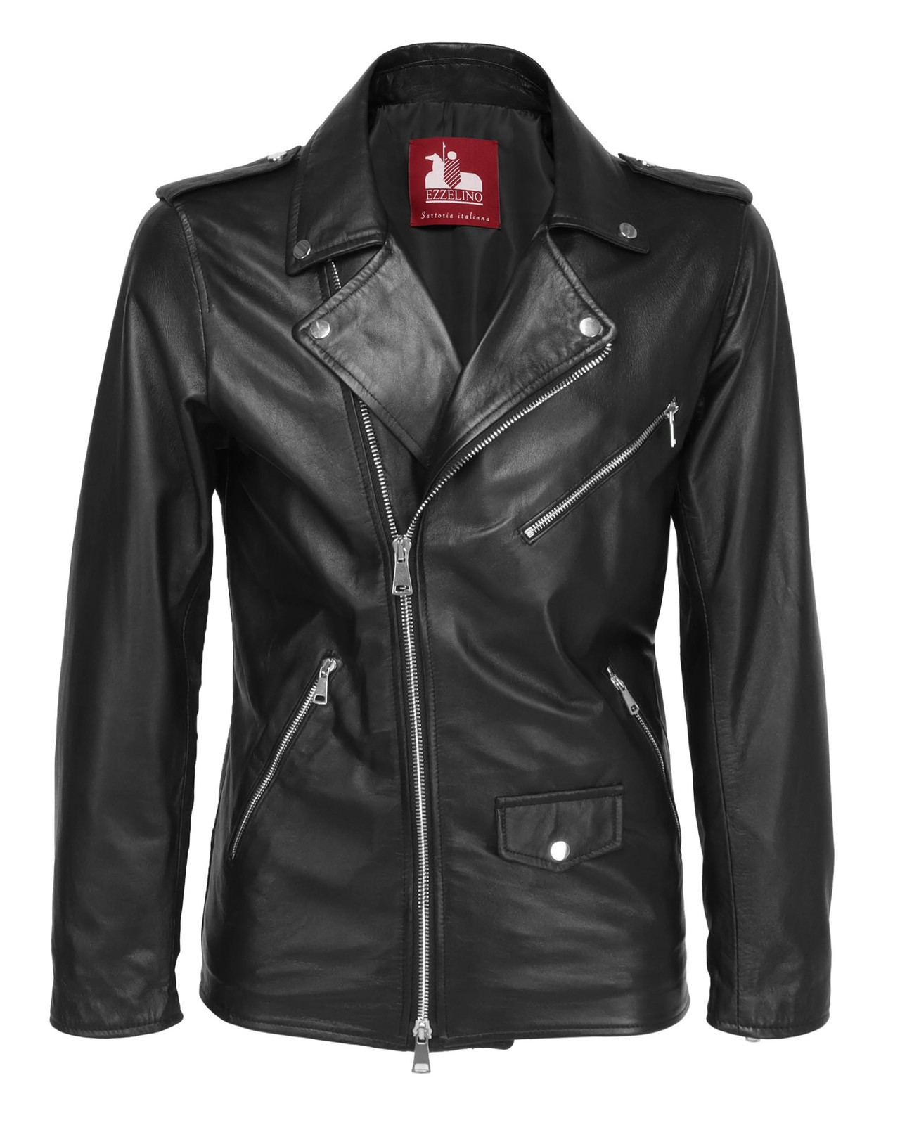 NWT EZZELINO MOTORCYCLE JACKET genuine lambskin black luxury Italy M