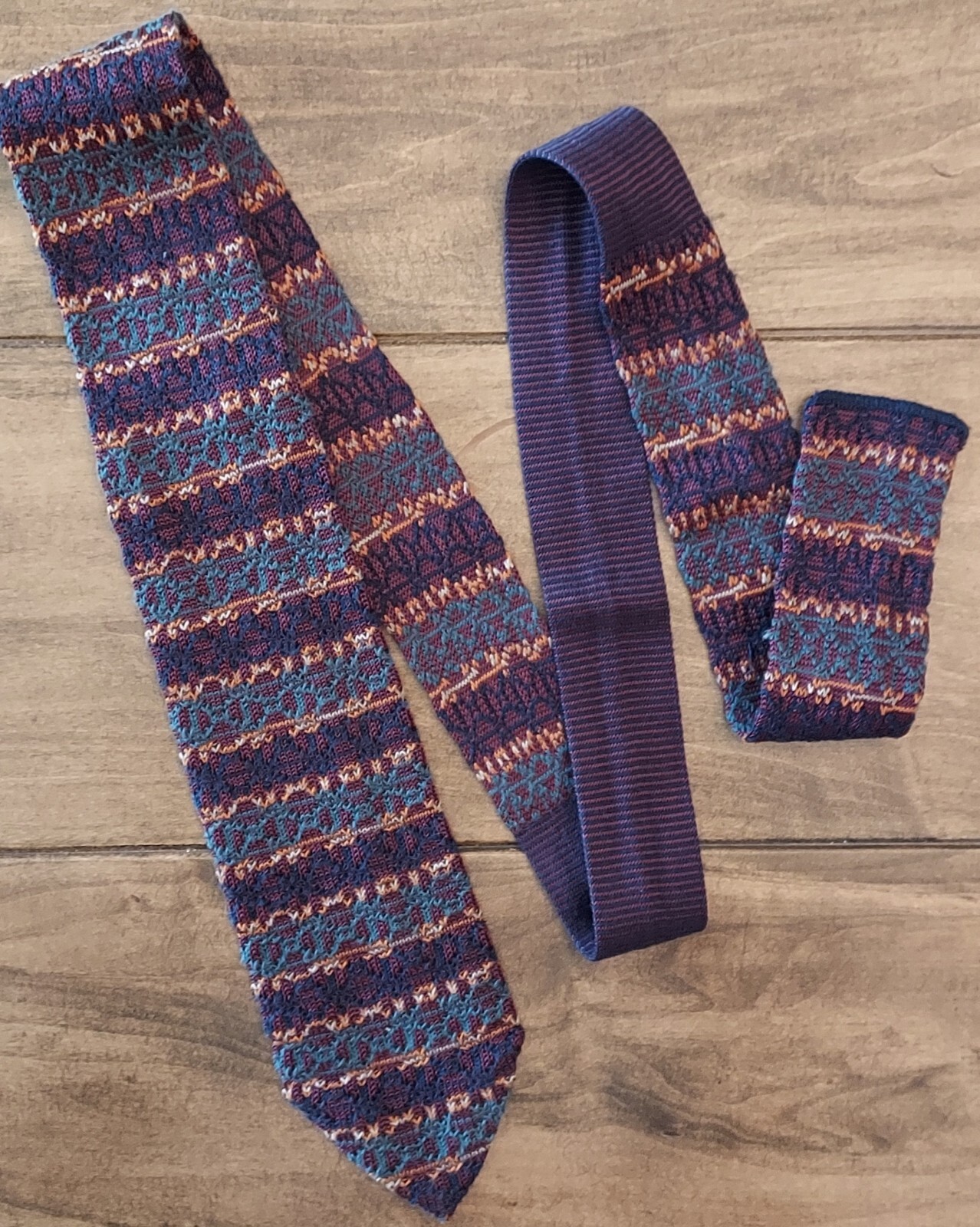 Vtg Rooster Pointed Knit Stripe Tie Texture Burgundy Purple Teal Orange 54×3 1/8