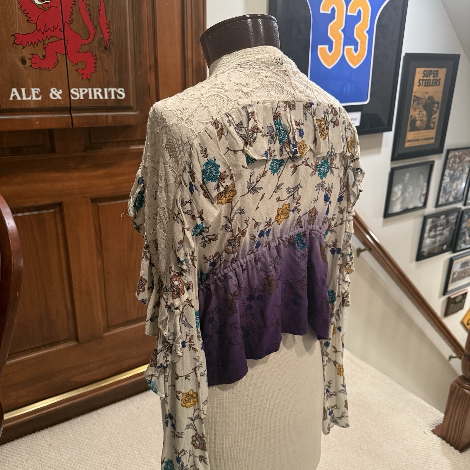 Gimmicks Floral Lace Ruffle Tie-Front Kimono Top Purple Beige Blue L