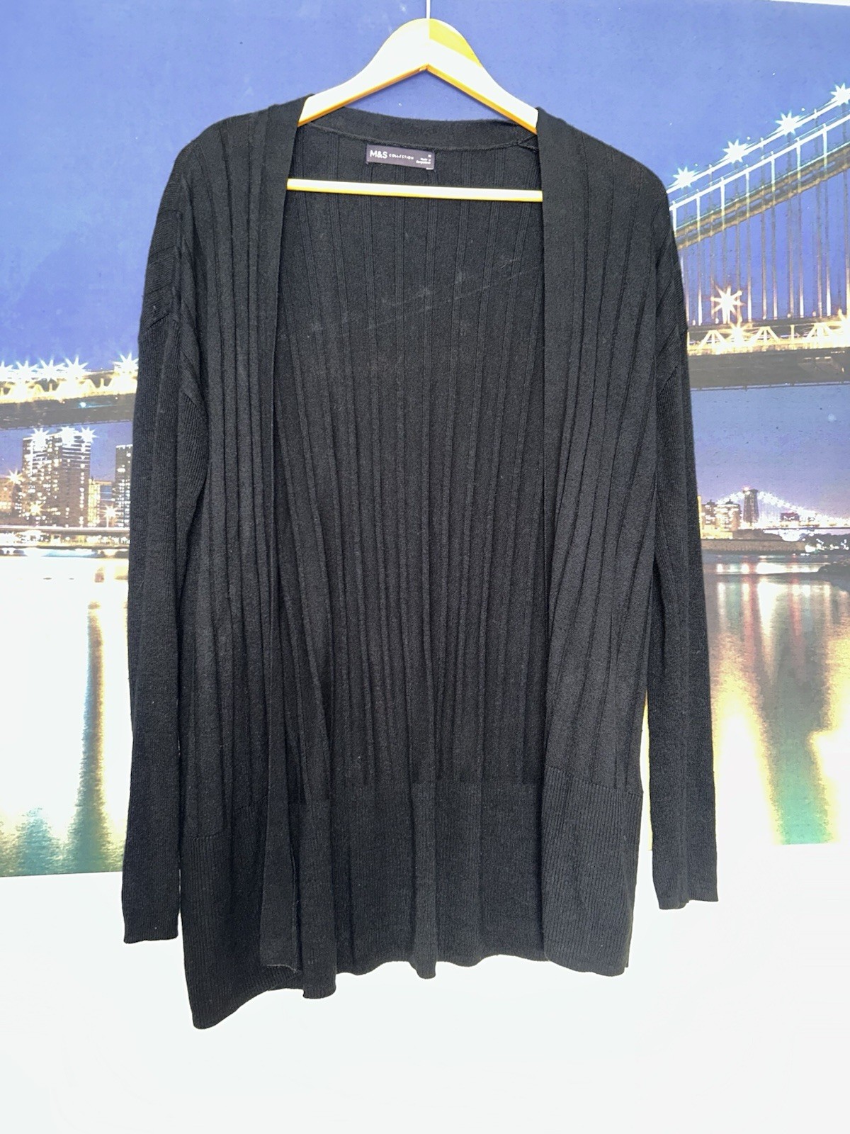 Classic Black Ribbed Open front Long line Cardigan – M&S Collection Size Medium