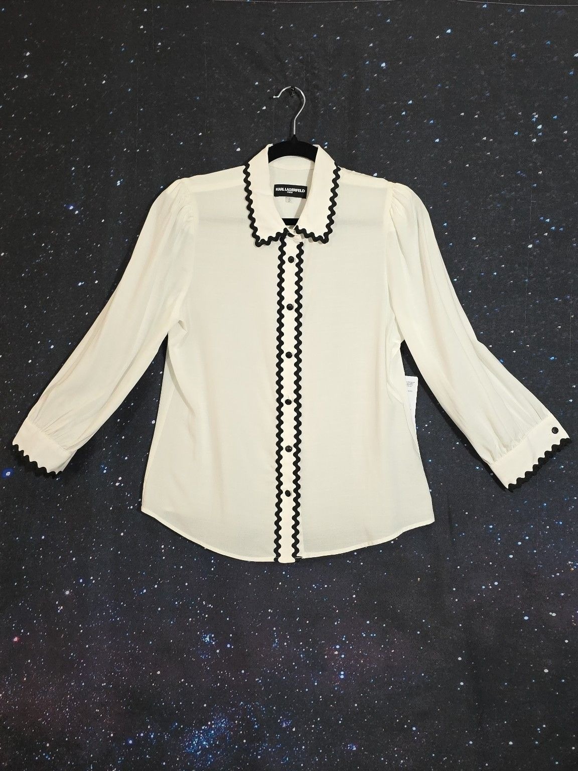 Karl Lagerfeld Paris S White Black Ric Rac Trim Button Blouse NWT MSRP $109