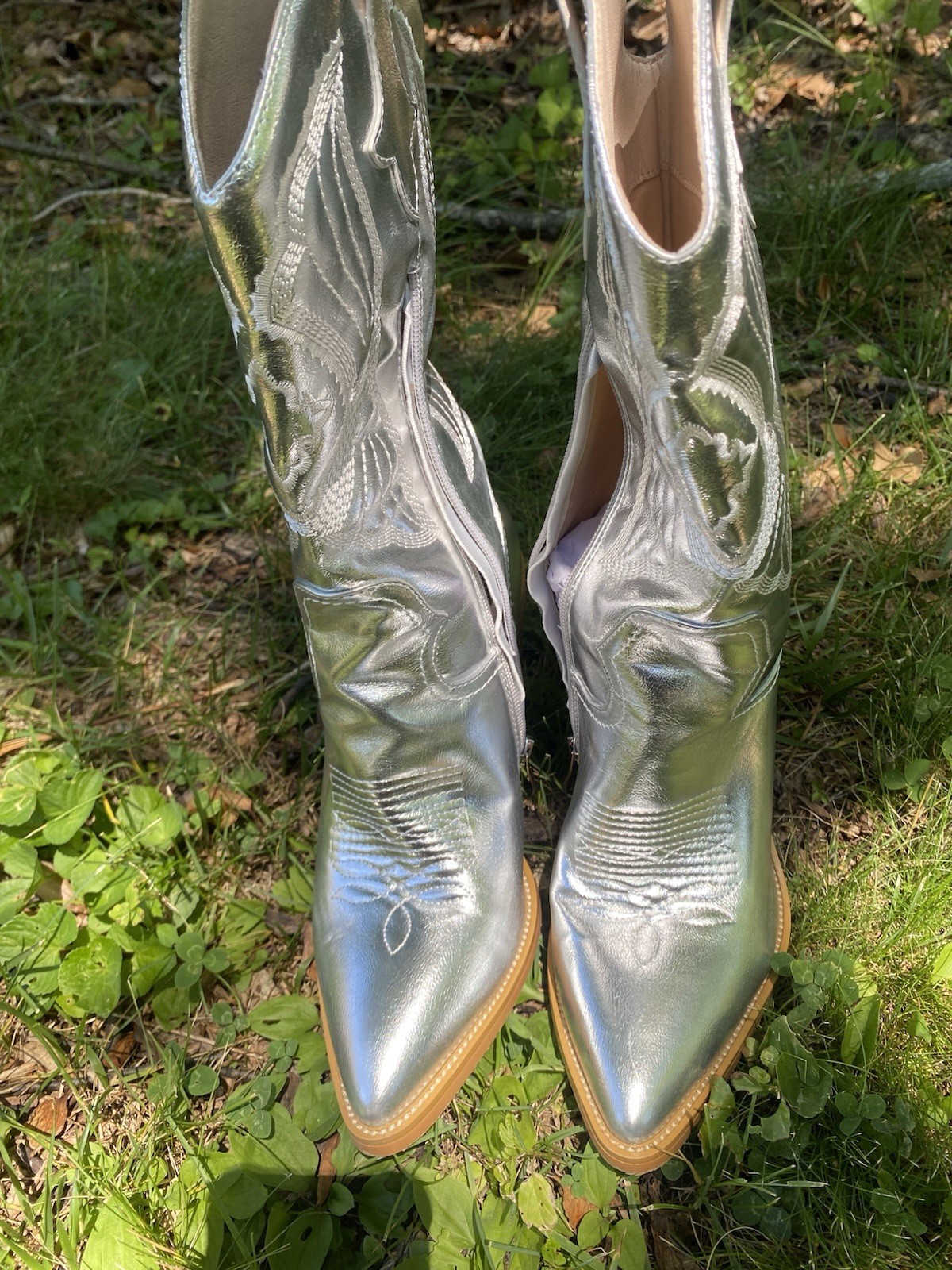 Women’s Metallic Silver Western Embroidered Zip Mid-Calf Boots Pointed Toe 8