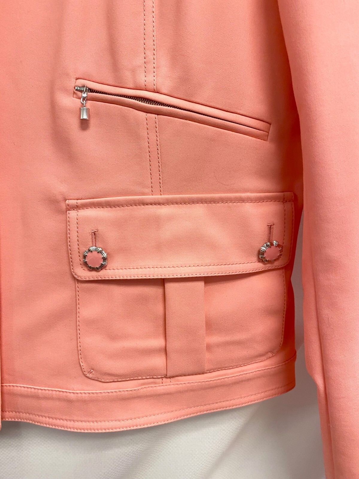 ST. JOHN Sport Pink High Neck Zip Front Multi Pockets Moto Biker Jacket 16 XL 💗
