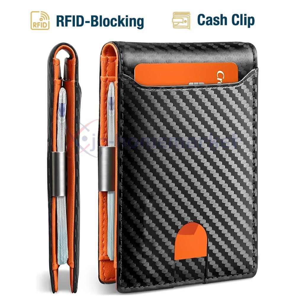 Men’s Slim PopUp Bifold Carbon Fiber Wallet, RFID Blocking W Money Clip Men Gift