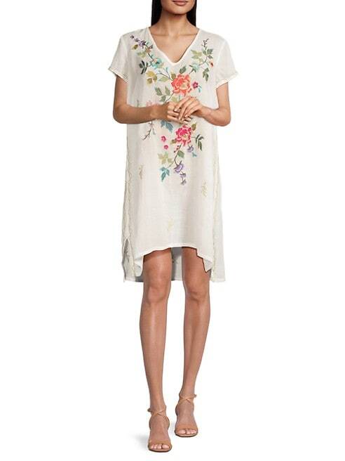 Johnny Was Adele Drape Tunic Dress Floral Embroidery Flowers White Ramie New