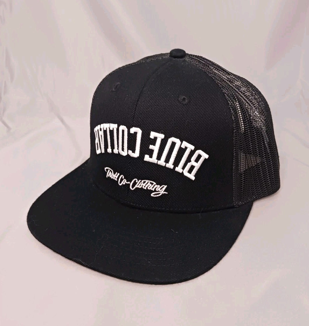 Troll Co SUPPORT BLUE COLLAR Snapback Trucker Mesh Hat Cap Flat Bill Black CLEAN