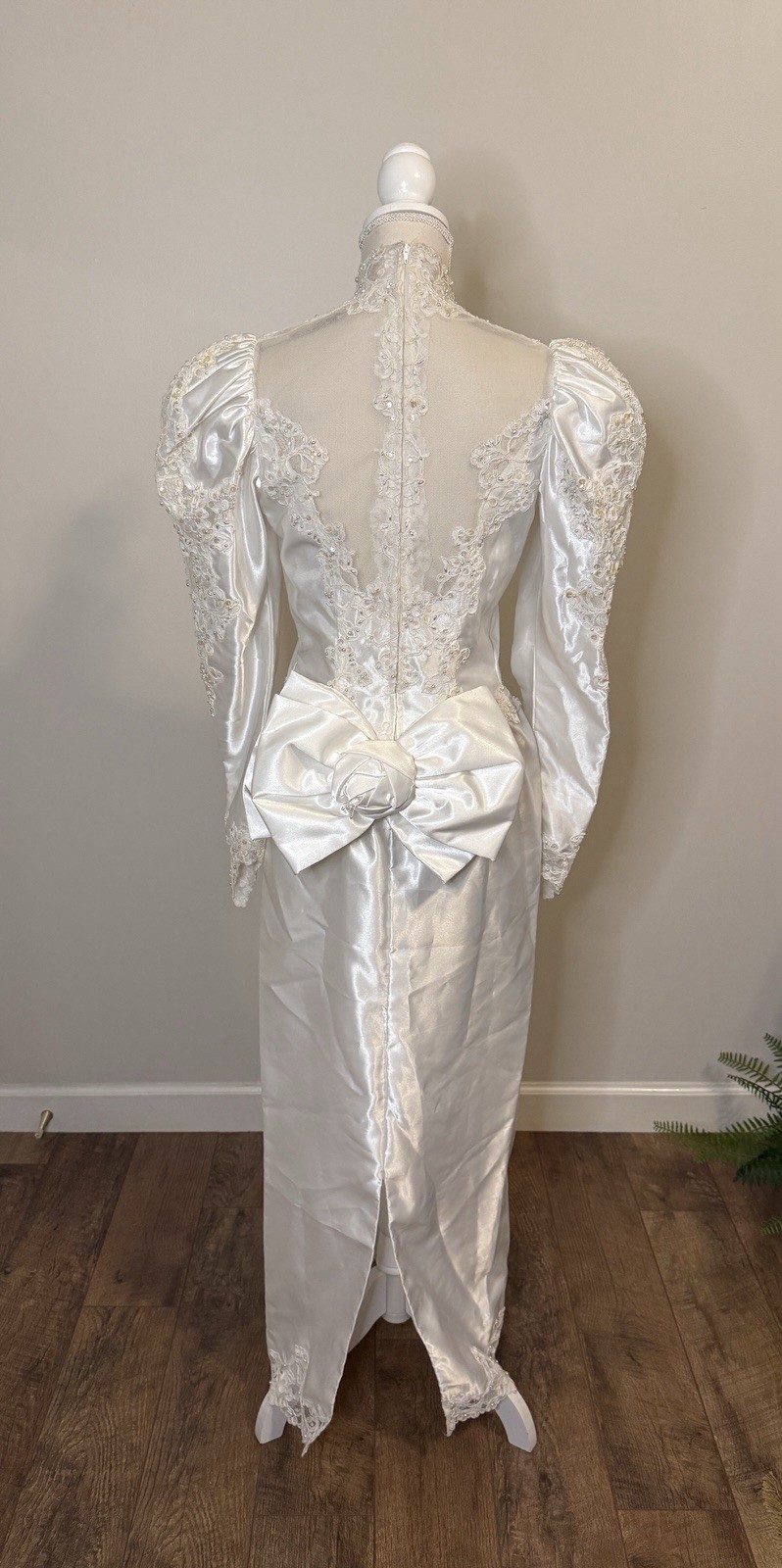 Vtg Mori Lee Satin Wedding Dress High Neck Puffed Sleeves Beading Lace Sz 8