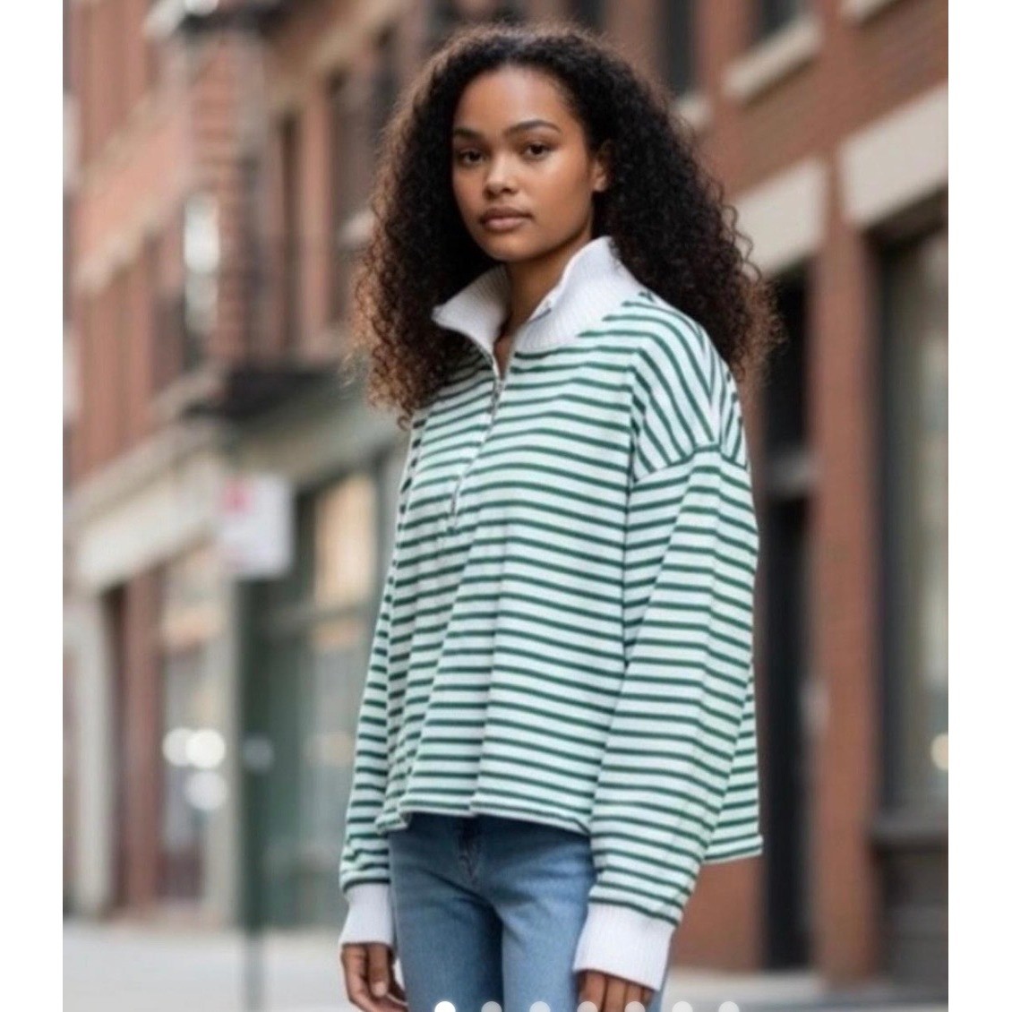 C&C California Womens Green White Striped Quarter Zip Pullover Sweatshirt Size M