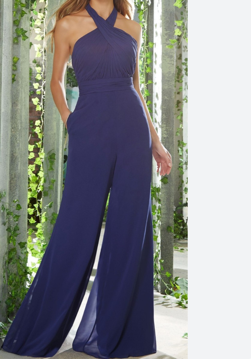 Nwt Mori Lee Madeline Gardner sz 12 waist 29″ Sapphire Halter Jumpsuit Wide Leg
