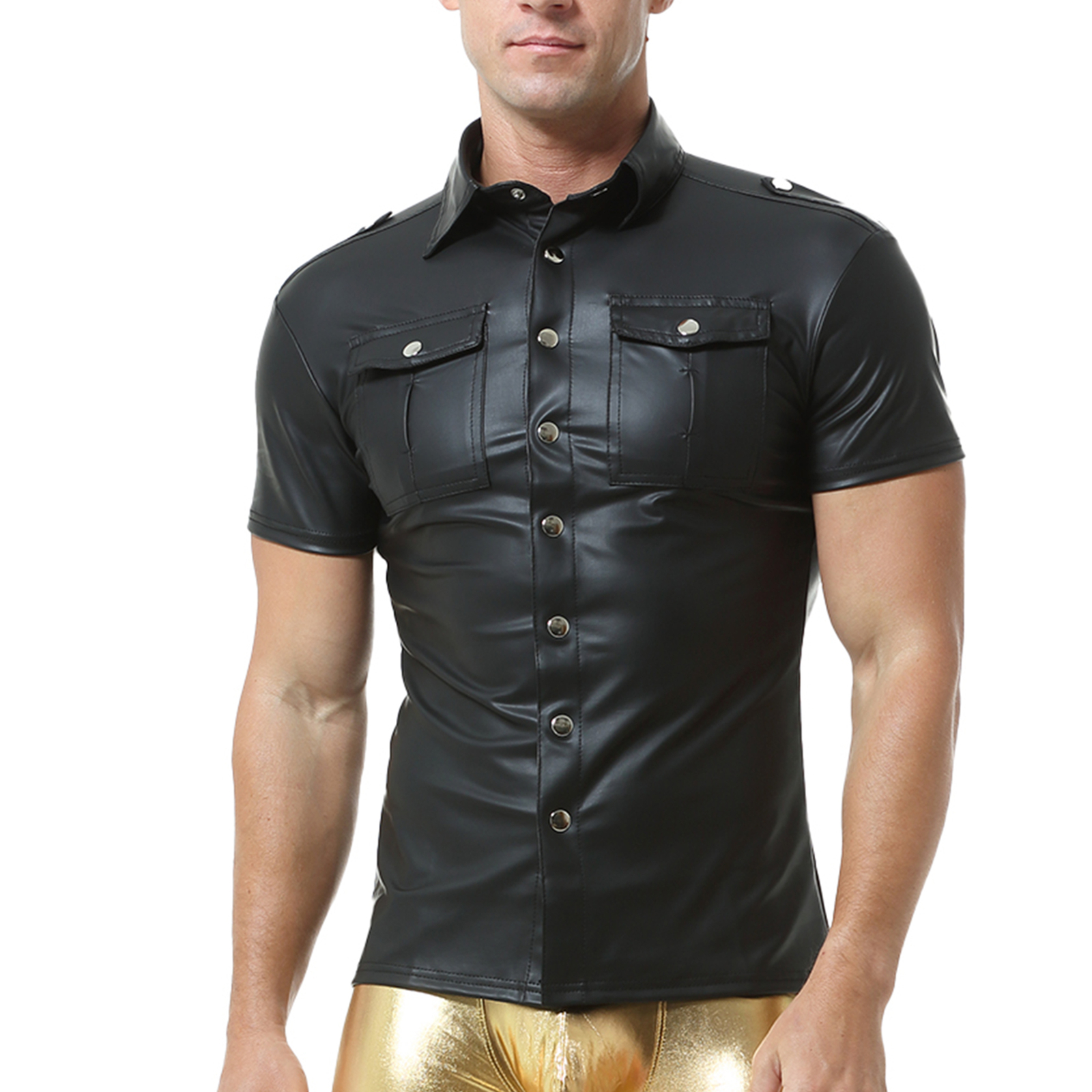 Men Sexy Faux Leather Short-sleeved Shirt Turn Down Collar Shaping Sheath Thirts
