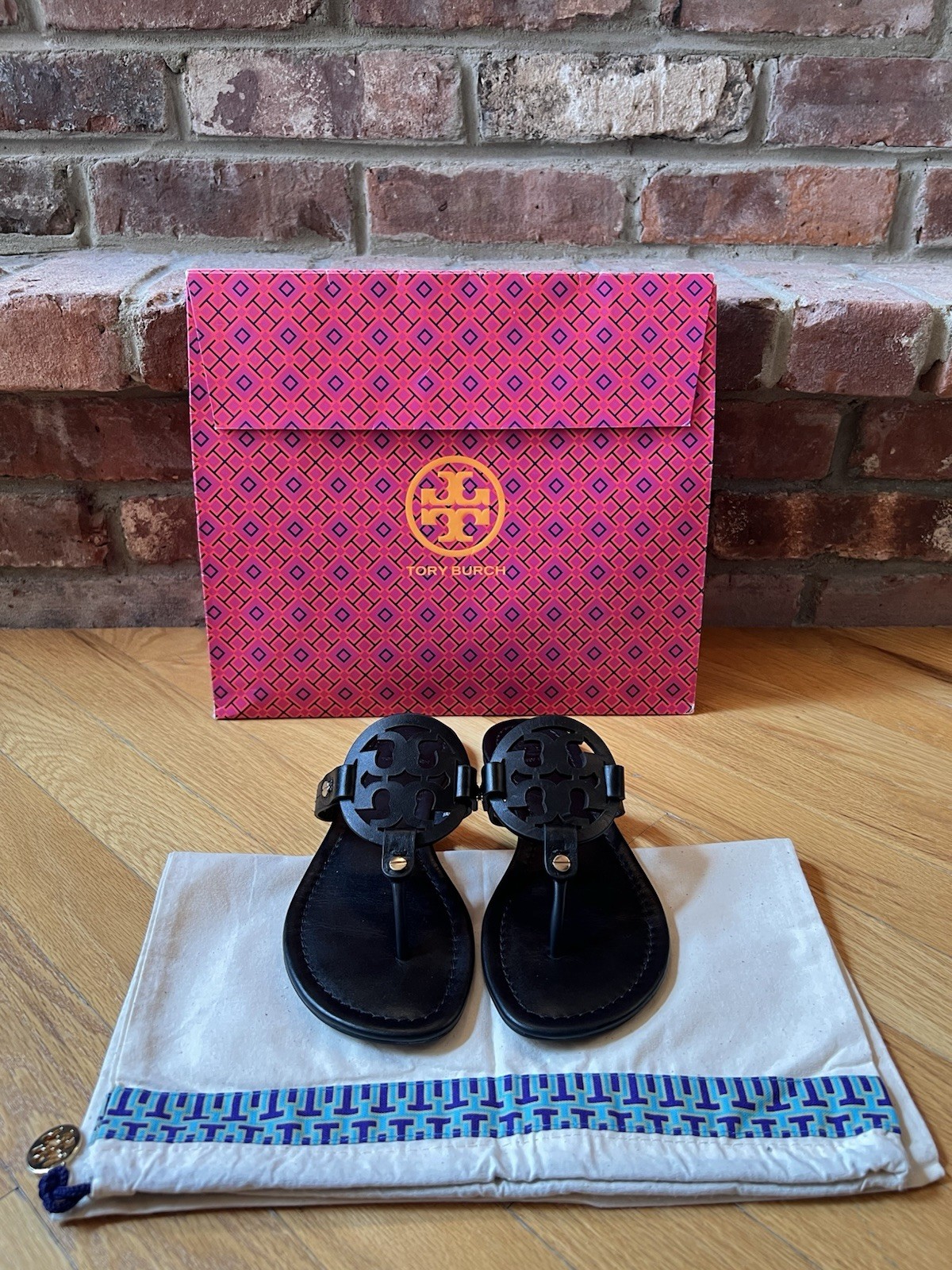 Tory Burch Perfect Black Leather Miller Sandals & Dust Bag