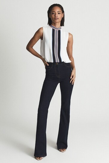REISS White Blue Black Coral Stripe Pleated High-Neck Sleeveless Tank Top 8 US M