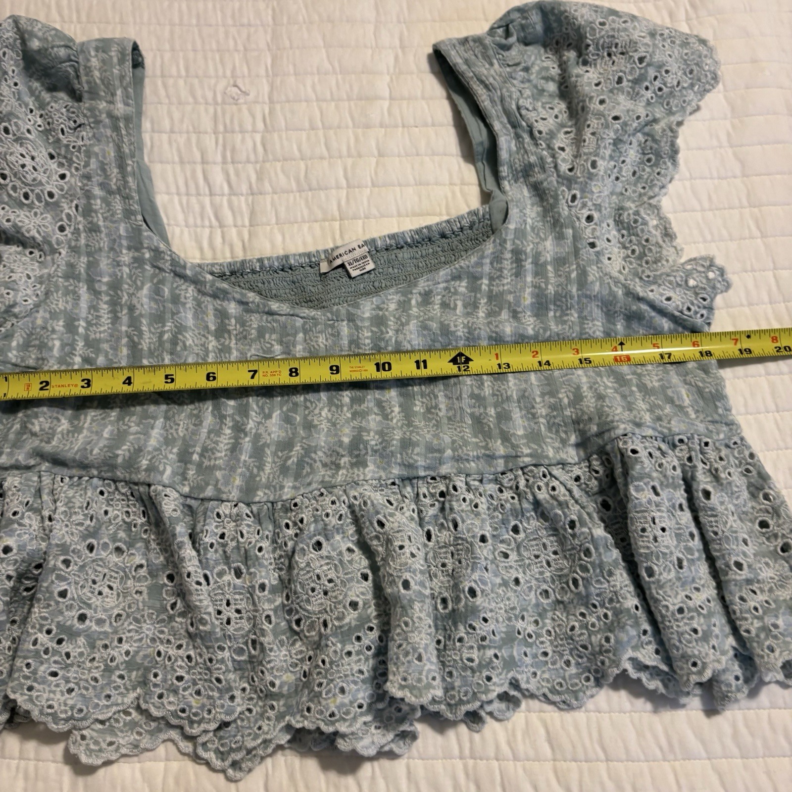 America Eagle Blue Plaid Eyelet Crop Top Flutter Sleeve Babydoll Cottagecore XL