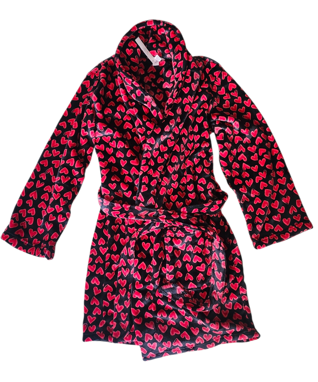 NEW VICTORIA’S SECRET COZY PLUSH SHORT ROBE BLACK RED HEARTS MEDIUM/LARGE M/L
