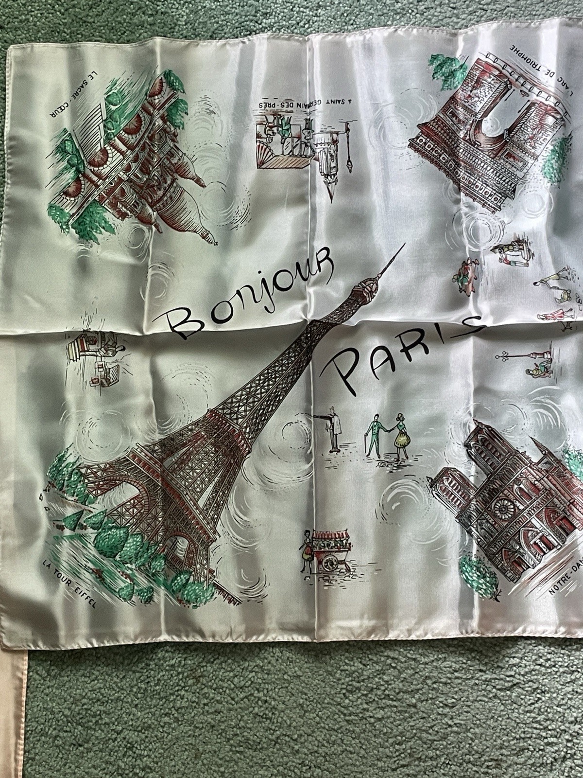 Bonjour Paris Eiffel Tower Graphic Print Satin Silk Square Scarf Blue