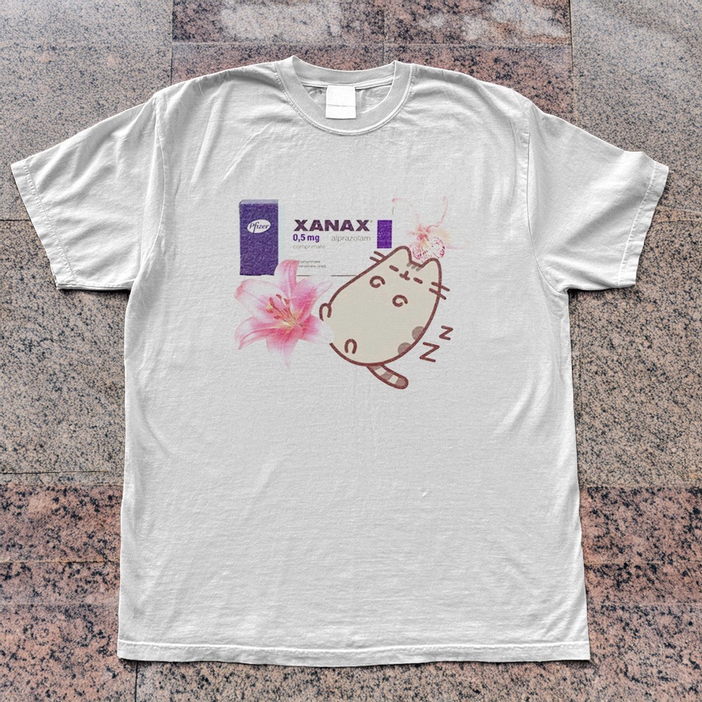 Xanax Alprazolam Sleepy Cat Pink Flower T-Shirt White Cotton T-shirt