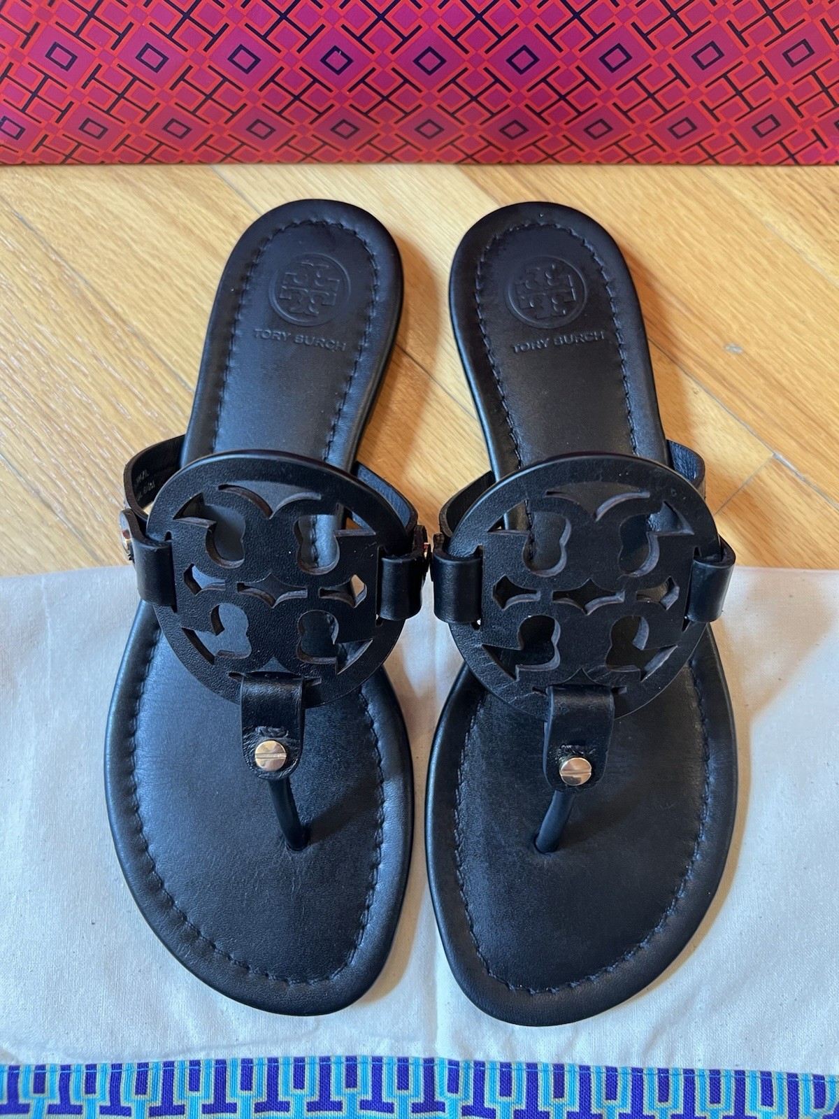 Tory Burch Perfect Black Leather Miller Sandals & Dust Bag