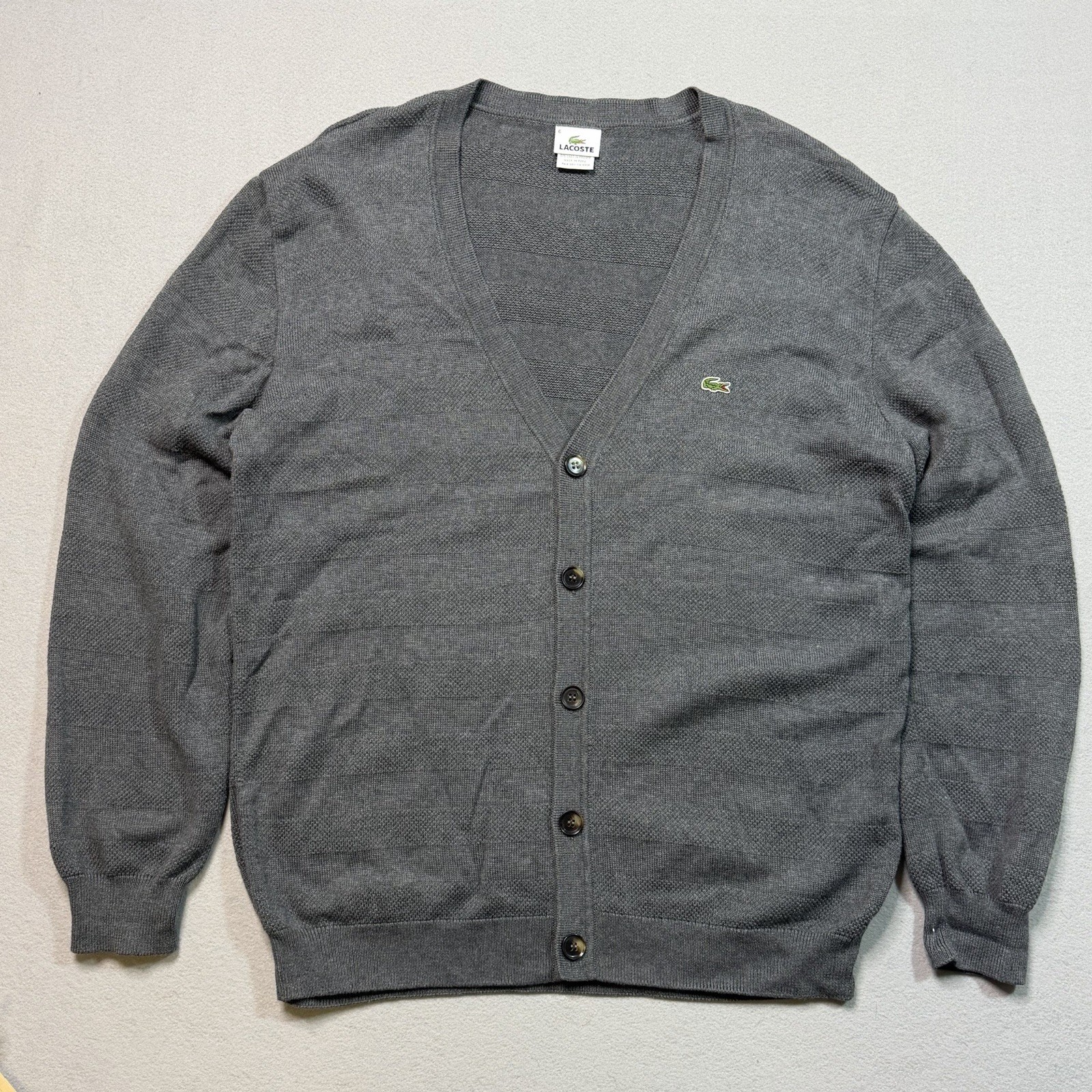 Lacoste Gray Cardigan Button Front Sweater Men’s Sz 6 XL Strip Pattern