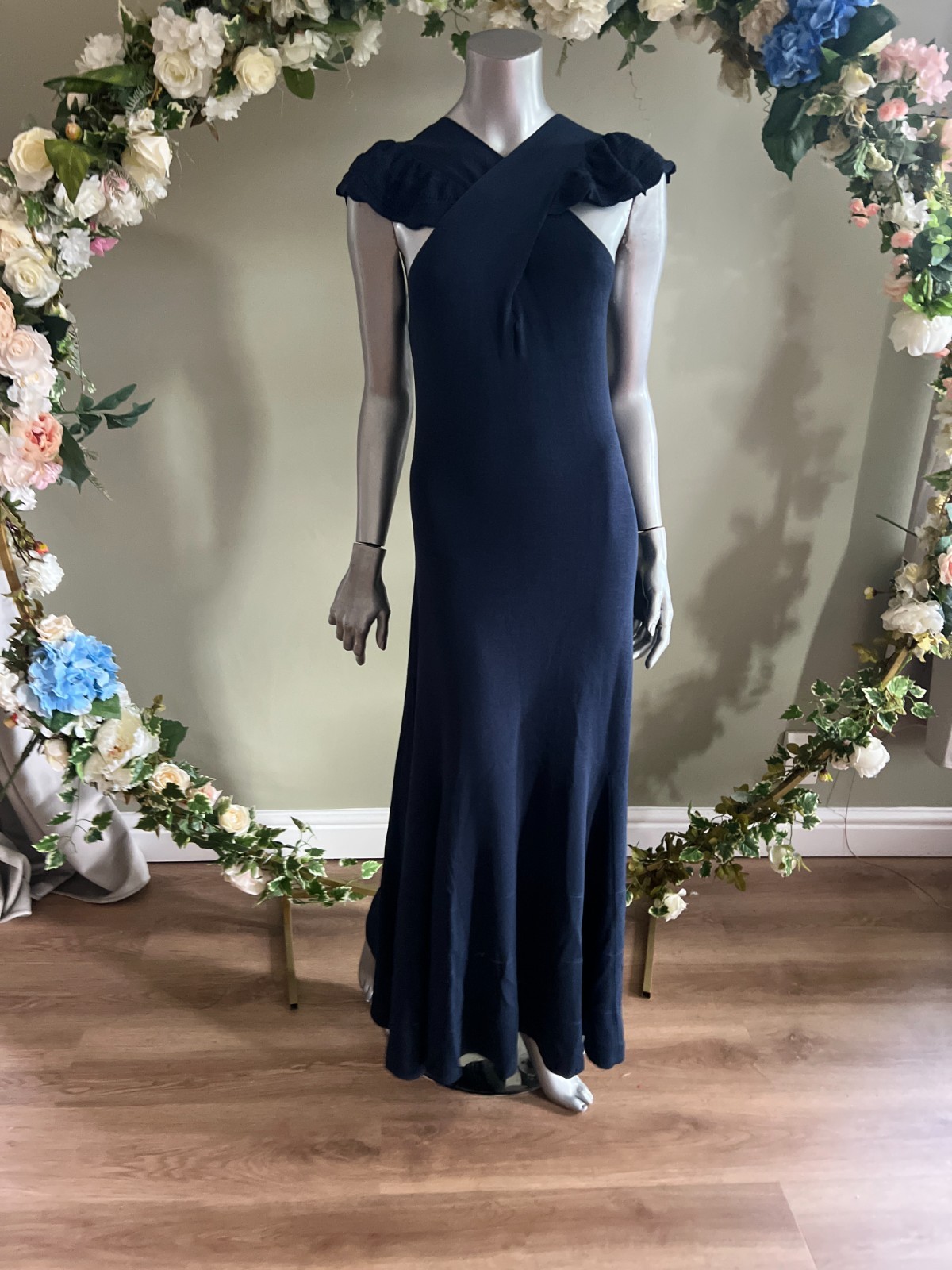 TED BAKER Maxi Dress Womens TB 2 UK 10 Navy Knitted Cross Over Crochet Trim NEW